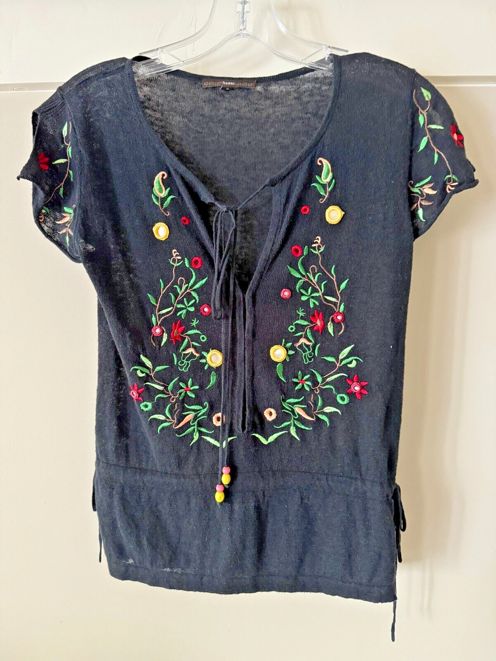 Hazel Anthropologie Women's Black Floral Embroidered Short Sleeve Blouse Boho